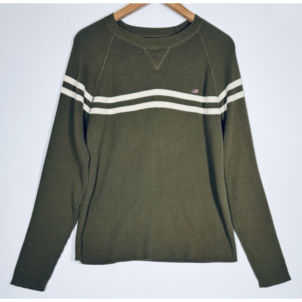 Polo Jeans Ralph Lauren Y2K Sweater Women Large Olive Green Stripe Ribbed Knit